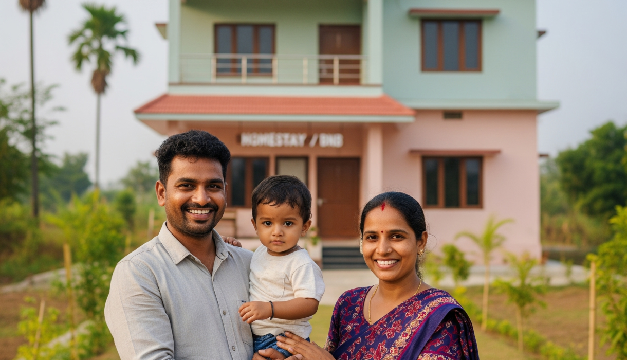 man with family out of his house desibnb.com